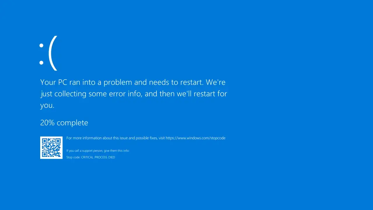 Pantallazo azul de error de Windows con un triste 