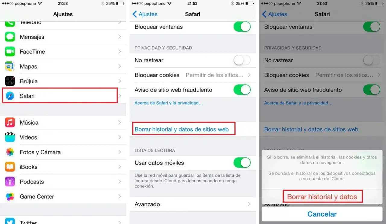 Para restaurar Safari, se borra el historial y los datos de sitios web.