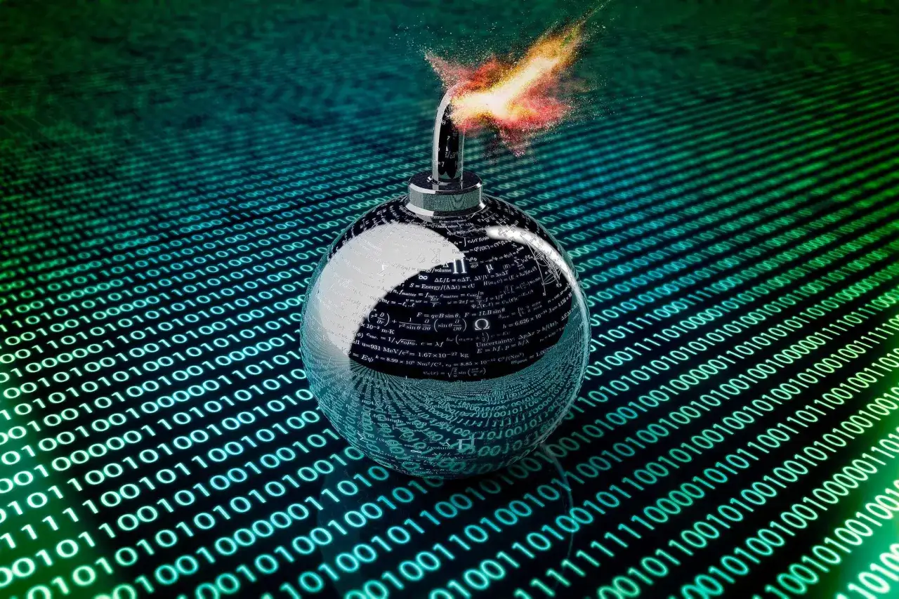 Bomba de tiempo digital con f&oacute;rmulas cient&iacute;ficas grabadas, rodeada de c&oacute;digo binario que explota. Bombas l&oacute;gicas en acci&oacute;n.