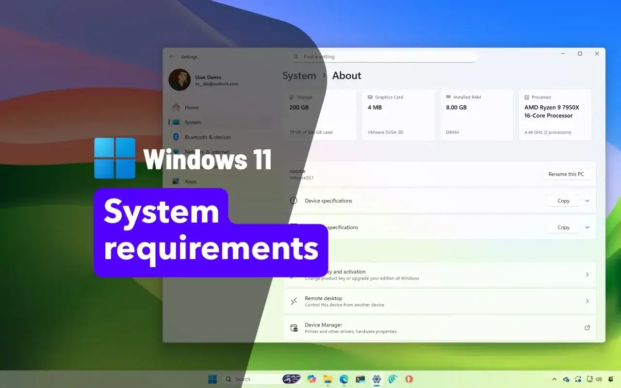 Requisitos del sistema para Windows 11 gratis. Información sobre el procesador, RAM y gráficos.