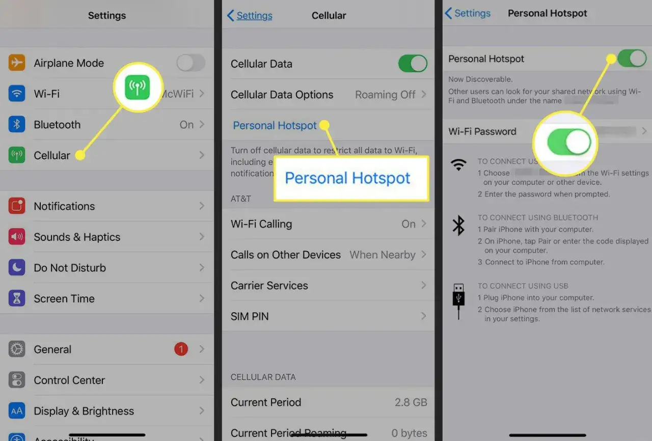 Configuración del iPhone para compartir datos móviles. Activa 