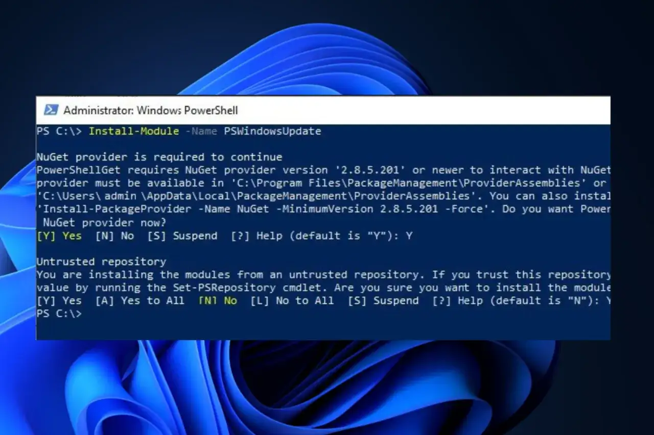 Ventana de PowerShell con mensaje sobre la instalación de un proveedor NuGet para actualizar módulos, similar a un proceso de winget update all.