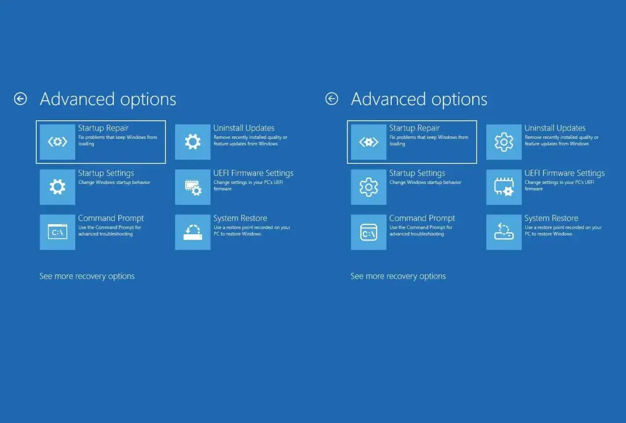 Opciones avanzadas para restaurar Windows 11: Reparaci&oacute;n de inicio, desinstalar actualizaciones, configuraci&oacute;n de inicio, firmware UEFI, s&iacute;mbolo del sistema y restauraci&oacute;n del sistema.