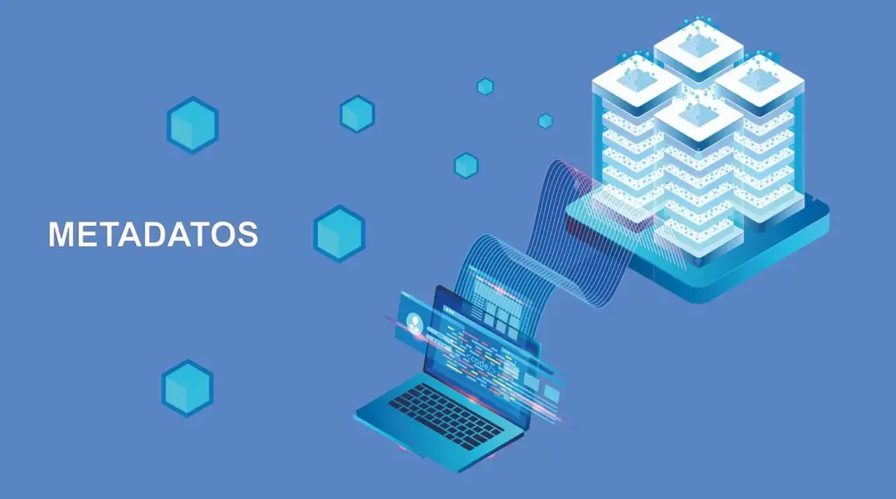 El concepto de que son los metadatos se ilustra con un portátil mostrando código y una torre de servidores, rodeados de hexágonos azules.