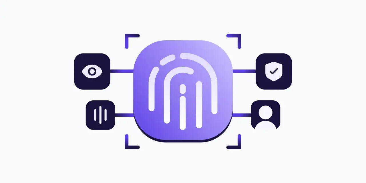 Huella digital, ojo, micrófono y escudo, símbolos del biometría significado para seguridad.