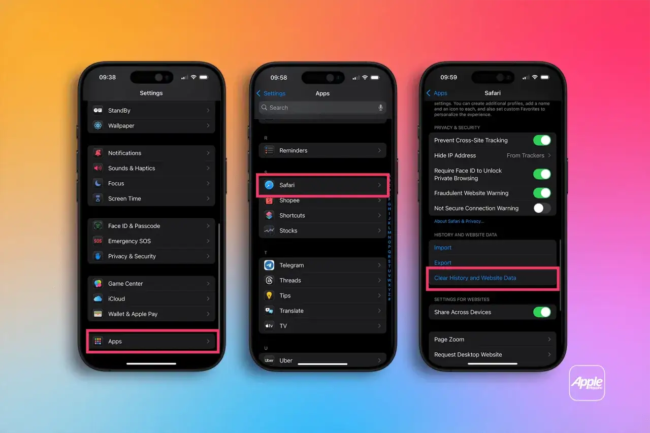 Pasos para limpiar iPhone de archivos basura: Ajustes > Apps > Safari > Borrar historial y datos.