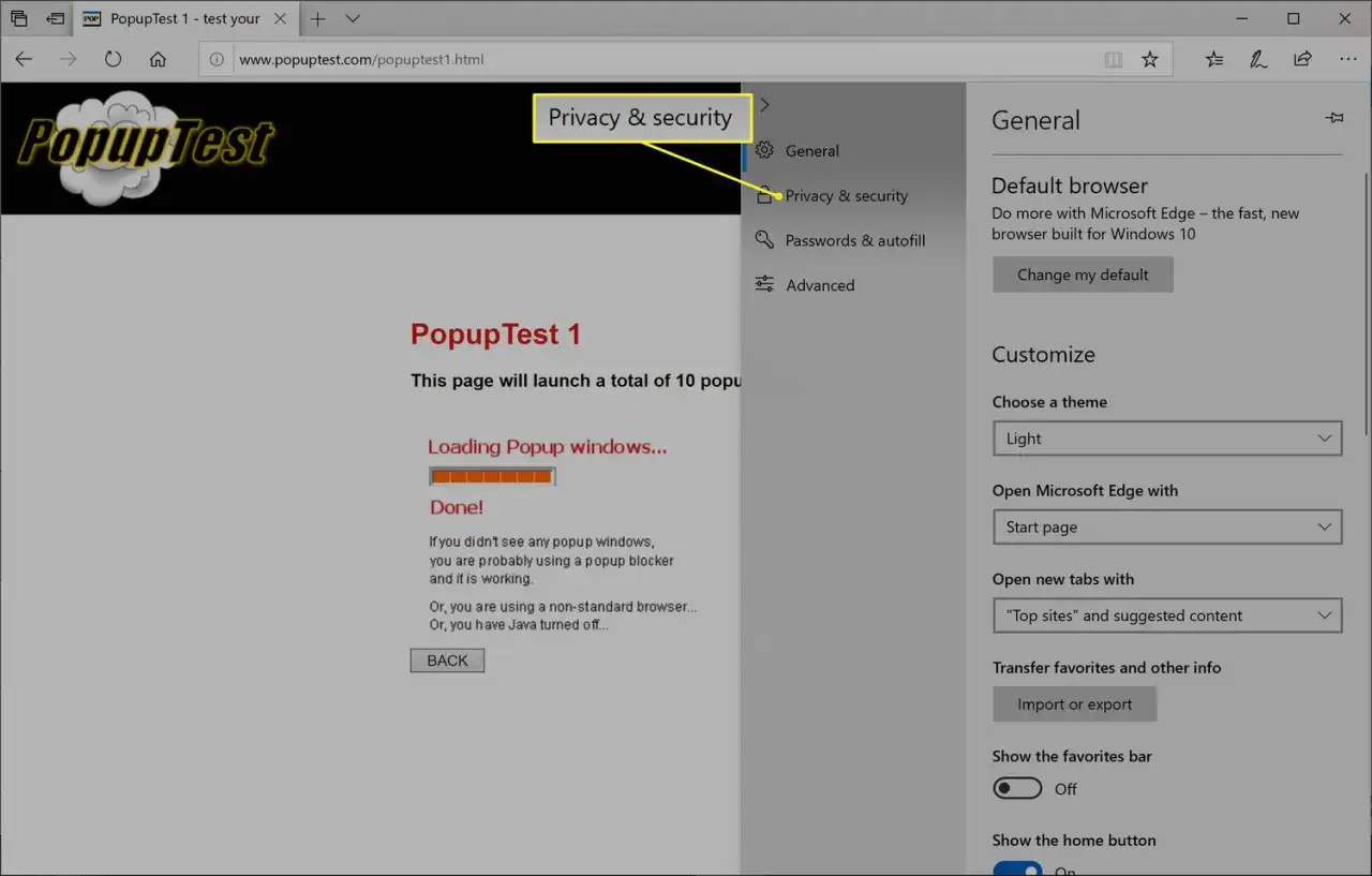 Ventanas emergentes bloqueadas en la página PopupTest 1. La configuración de privacidad y seguridad de Edge está visible.