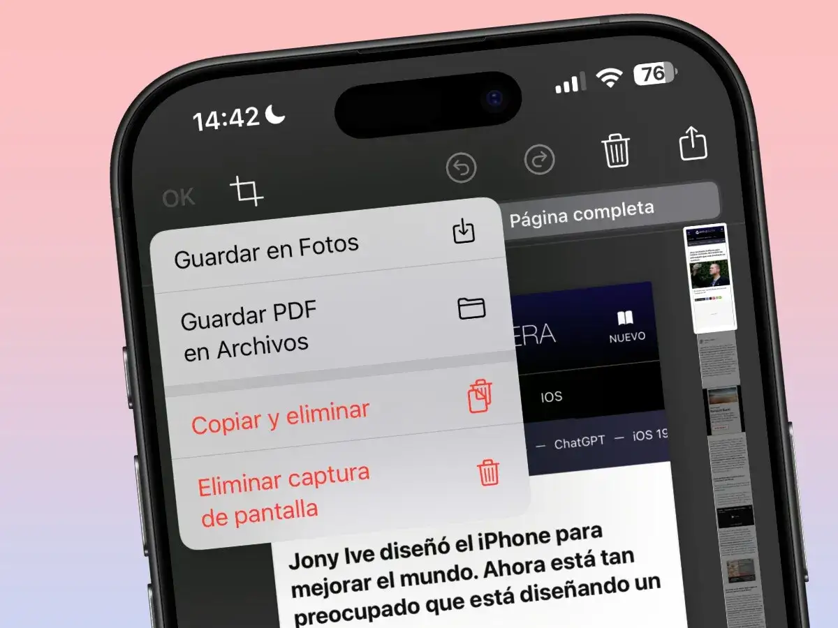 Men&uacute; de opciones para una captura de pantalla en iPhone: guardar en Fotos, PDF, copiar/eliminar o eliminar.