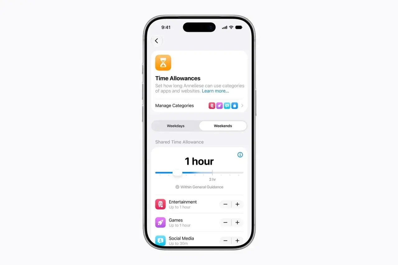 Configuraci&oacute;n de control parental Apple para limitar el tiempo de uso de apps y sitios web, ajustando horas para entretenimiento, juegos y redes sociales.
