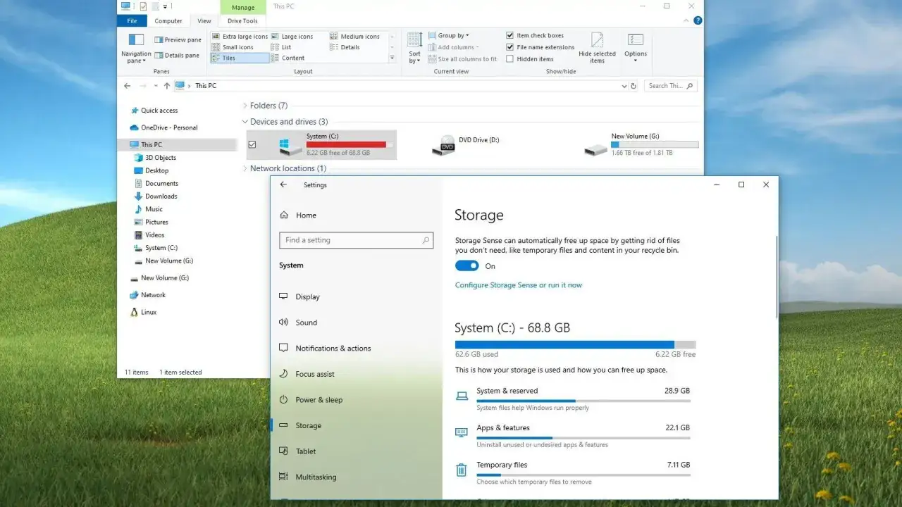 Configuraci&oacute;n de Windows 10 para limpiar tu disco duro. Muestra el uso del espacio y la opci&oacute;n Storage Sense para liberar espacio.