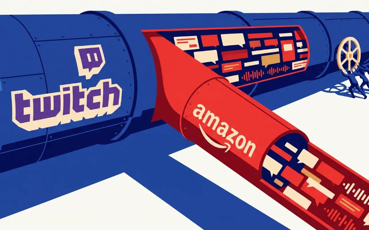 El dueño de Twitch, Amazon, envía un cohete lleno de chats y audio a través de un gran tubo azul.