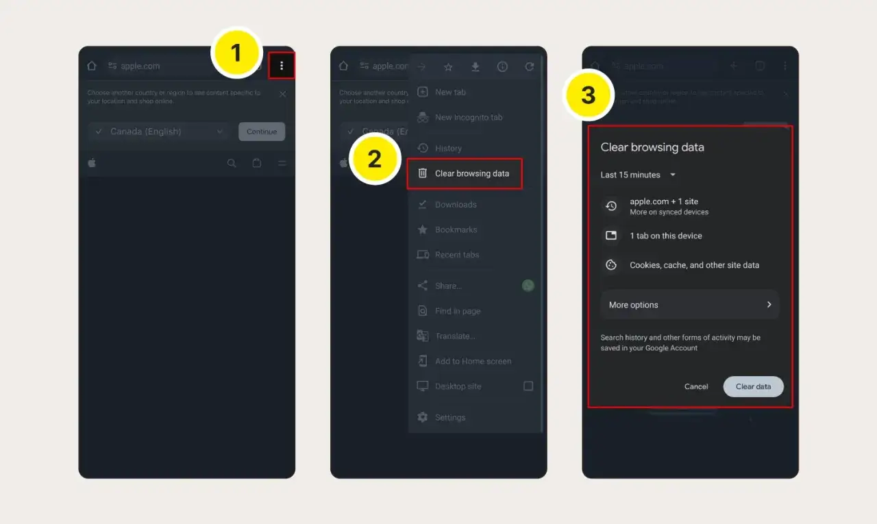 Pasos para saber como eliminar cookies: Toca los tres puntos, selecciona