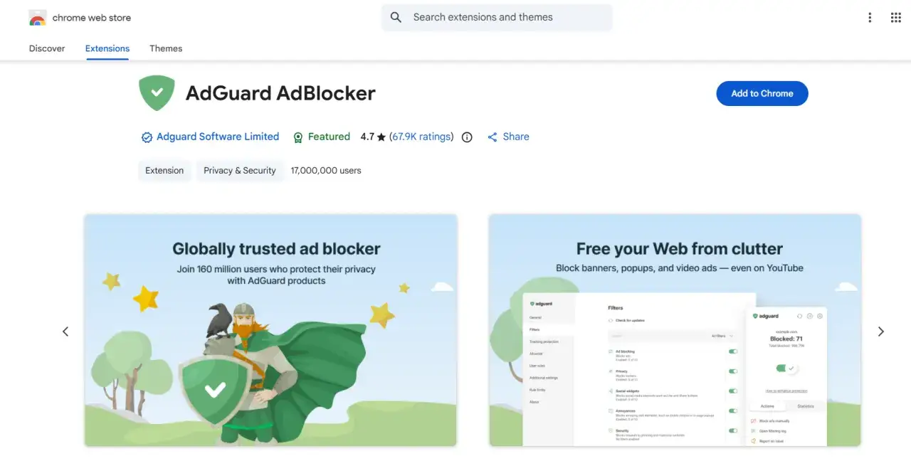 AdGuard AdBlocker, una extensión para el navegador, protege tu navegación de anuncios molestos.