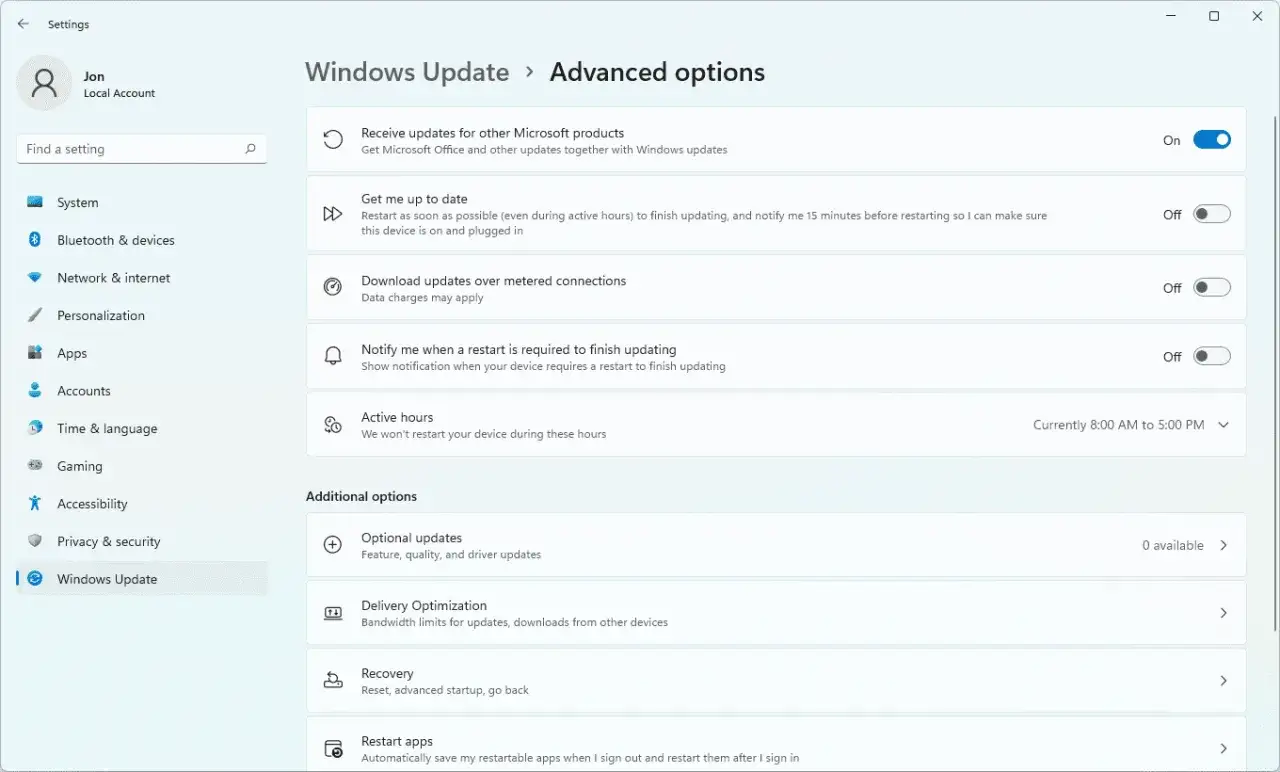 Configuración de Windows Update: opciones avanzadas para desactivar actualizaciones de Windows 11.