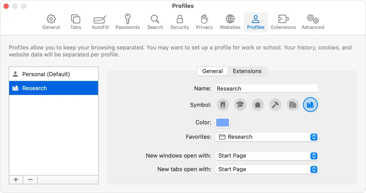 Configuración de perfiles de Safari. El perfil 