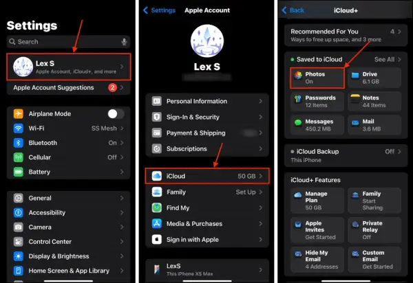 Captura de pantalla de iPhone mostrando cómo limpiar iPhone de archivos basura, navegando por Ajustes, Cuenta Apple, iCloud y opciones de almacenamiento.