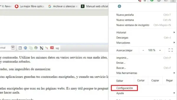 Menú de Chrome con opción "Configuración" resaltada, útil para exportar contraseñas Chrome.