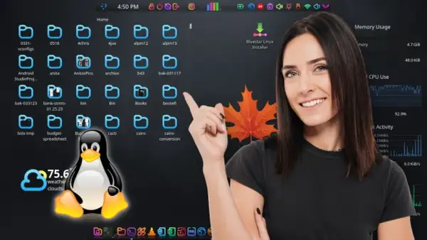 Mujer sonríe junto a un escritorio de Linux con carpetas, el pingüino Tux y gráficos de uso de CPU. Se habla de variables de entorno.