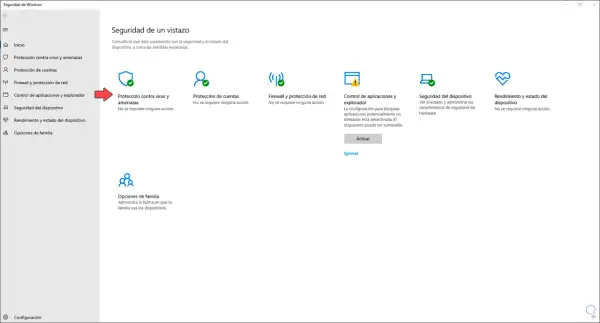 Pantalla de Seguridad de Windows. Se muestra la opción "Protección contra virus y amenazas" y la necesidad de atualizar antivirus.