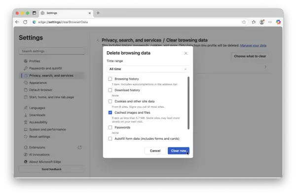 Ventana de configuración de Microsoft Edge para borrar datos de navegación. Se muestra la opción "Borrar ahora" para eliminar la caché, lo que significa borrar cache.