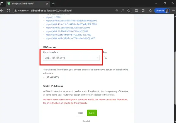 Configuración de AdGuard Home: interfaz de escucha eth0 con IP 192.168.50.73.