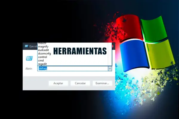 Ventana de "Herramientas" con opciones como "cmd" y "defrag" para ejecutar comandos.