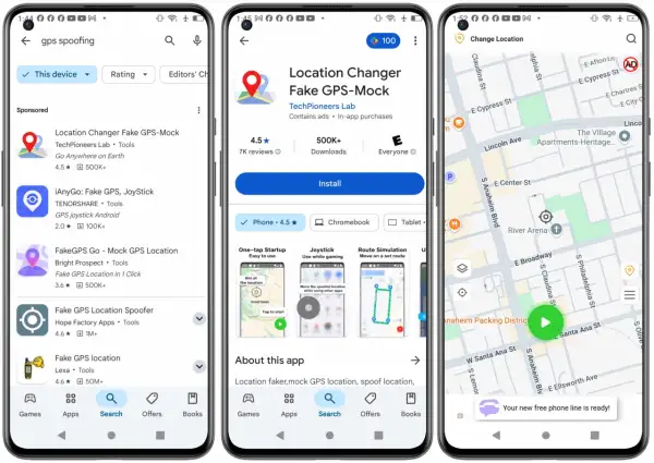 Busca apps para cambiar ubicación iPhone. Muestra la tienda de aplicaciones con resultados de búsqueda de "gps spoofing" y la página de una app para falsificar la ubicación.