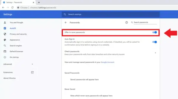 Configuración de Chrome: activa el gestor de contraseñas de Google para guardar tus credenciales de forma segura.