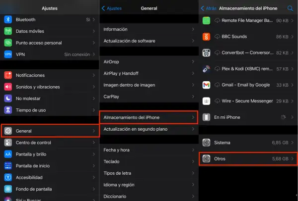 Captura de pantalla de Ajustes del iPhone, mostrando "General" y "Almacenamiento del iPhone", donde se gestionan documentos y datos.