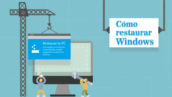 Ilustración de cómo restaurar sistema Windows 10 desde BIOS. Un PC en construcción con una grúa y herramientas.