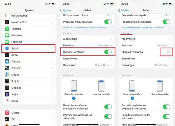 Ajustes de Safari en iPhone: se muestra cómo activar o desactivar el bloqueo de ventanas emergentes.