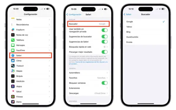 Configuración de Safari en iPhone. Se muestra cómo cambiar el buscador predeterminado, con Google seleccionado.