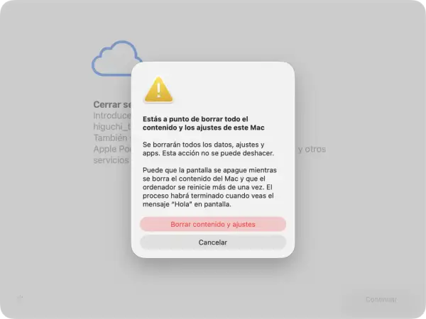 Ventana emergente advierte sobre borrar todo el contenido y ajustes de este Mac. Opción para borrar o cancelar.