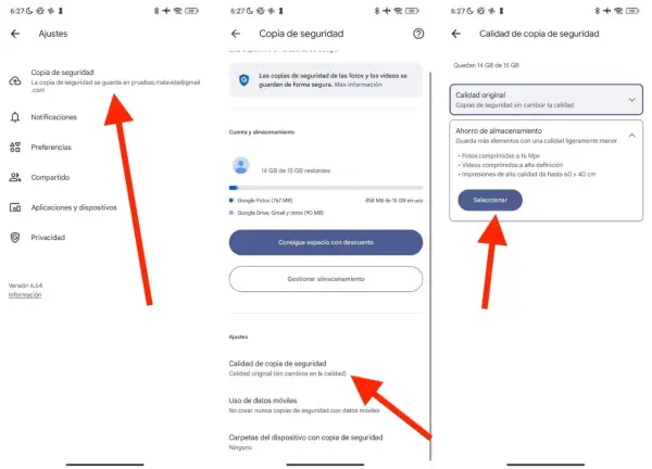 Ajustes de Google Fotos para comprimir fotos y ahorrar espacio. Selecciona "Ahorro de almacenamiento" para una calidad ligeramente menor.