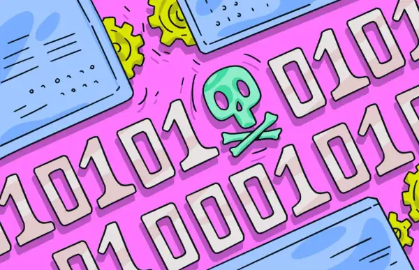 Calavera y tibias cruzadas sobre código binario, representando el peligro del pup malware. Engranajes amarillos sugieren un sistema comprometido.