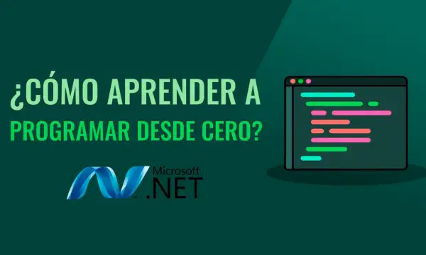 ¿Cómo aprender a programar desde cero gratis? Un código colorido en una ventana de programa y el logo de .NET.