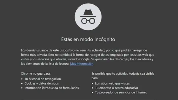 Icono de modo incógnito. Navegación privada. Para quitar modo incognito, cierra todas las ventanas de incógnito.