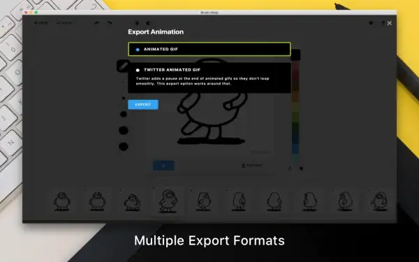 Ventana de exportación de Brush Ninja, mostrando opciones para GIF animado y GIF animado para Twitter.