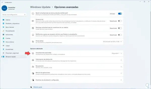 Actualizaciones opcionales en Windows 11, donde puedes encontrar actualizaciones de controladores.