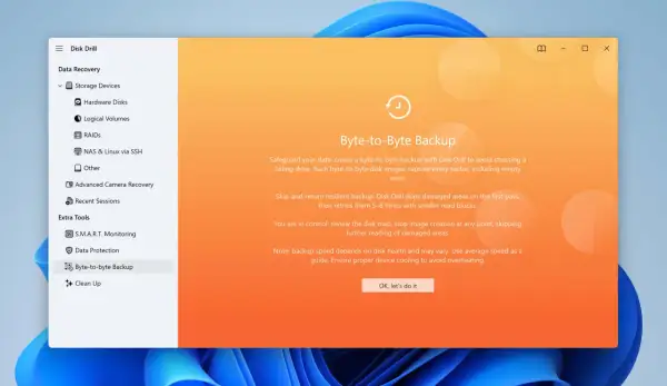 La aplicación Disk Drill muestra la opción "Byte-to-Byte Backup", ideal para restaurar sistema si está restaurando el registro o para crear copias de seguridad completas.