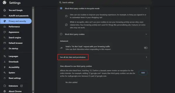 Configuración de privacidad para eliminar cookies de Google. Accede a "Ver todos los datos y permisos del sitio" para gestionar tu información.