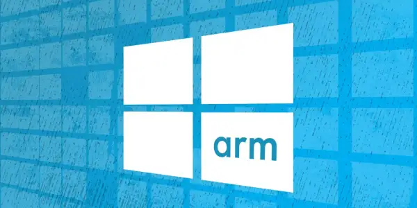El logo de Windows se superpone a un fondo azul texturizado, con la palabra "arm" en una de las ventanas.