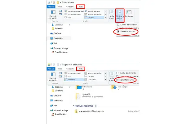 Explorador de Archivos de Windows 10: cómo ver carpetas ocultas. Se muestra la pestaña "Vista" con la opción "Elementos ocultos" marcada.