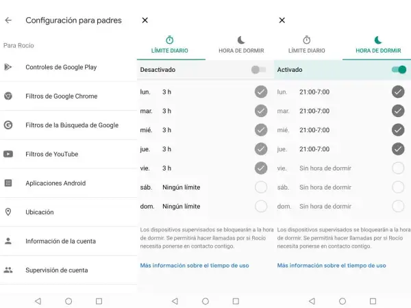Configuración de HORA DE DORMIR para Rocío, activada de 21:00 a 7:00 de lunes a jueves. Código acceso parental Family Link.
