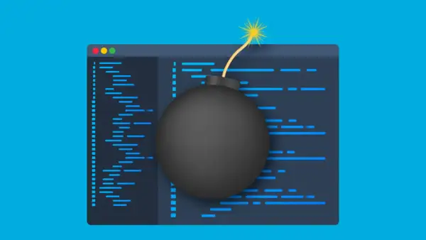 Una bomba negra con mecha encendida sobre un código de programación, simbolizando las bombas lógicas en el desarrollo de software.