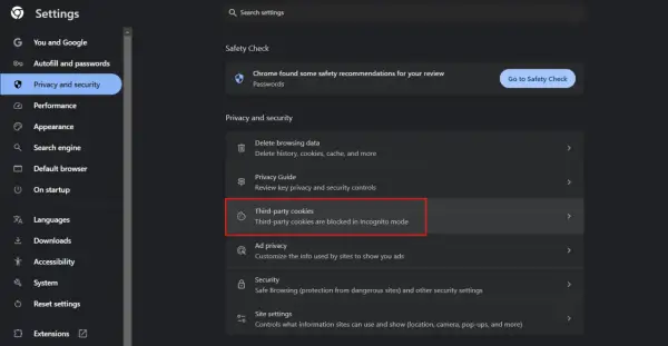 Configuración de Chrome: "Third-party cookies" para borrar cookies de una página.