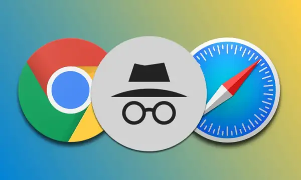 Icono de modo incógnito de Google entre los logos de Chrome y Safari. Navega sin dejar rastro.