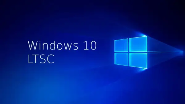 Logo de Windows 10 LTSC sobre fondo azul brillante.