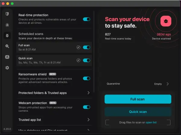 Interfaz de antivirus con opciones de escaneo y protección contra ransomware. Escanea tu dispositivo para evitar el pup virus.