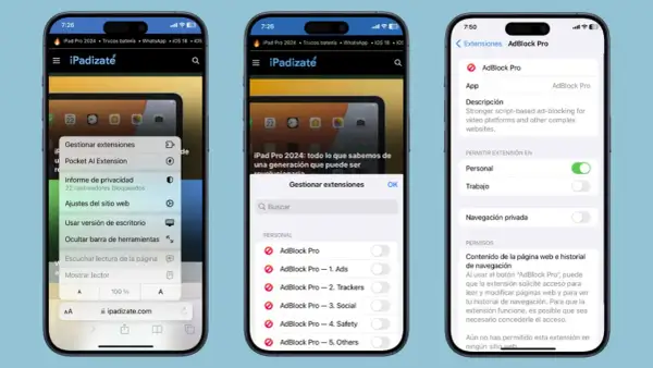 Tres pantallas de iPhone muestran cómo gestionar extensiones en Safari, incluyendo AdBlock Pro, para una experiencia de navegación más limpia.